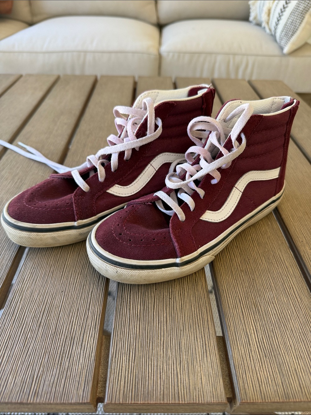 Vans Kids Burgundy High-Top Skate Sneakers with White Stripe and zip back